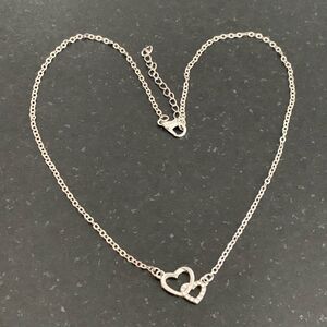 Interlocking Double Hearts Necklace, Silver Tone with Rhinestones